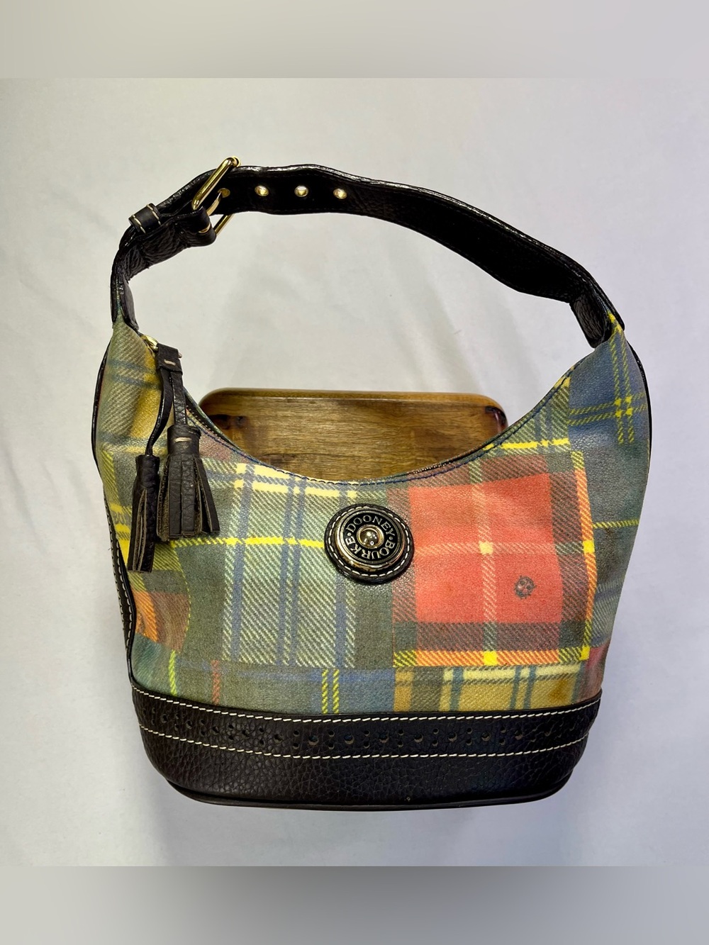 Dooney & Bourke Multicolor Plaid Shoulder Bag with Black Leather Trim